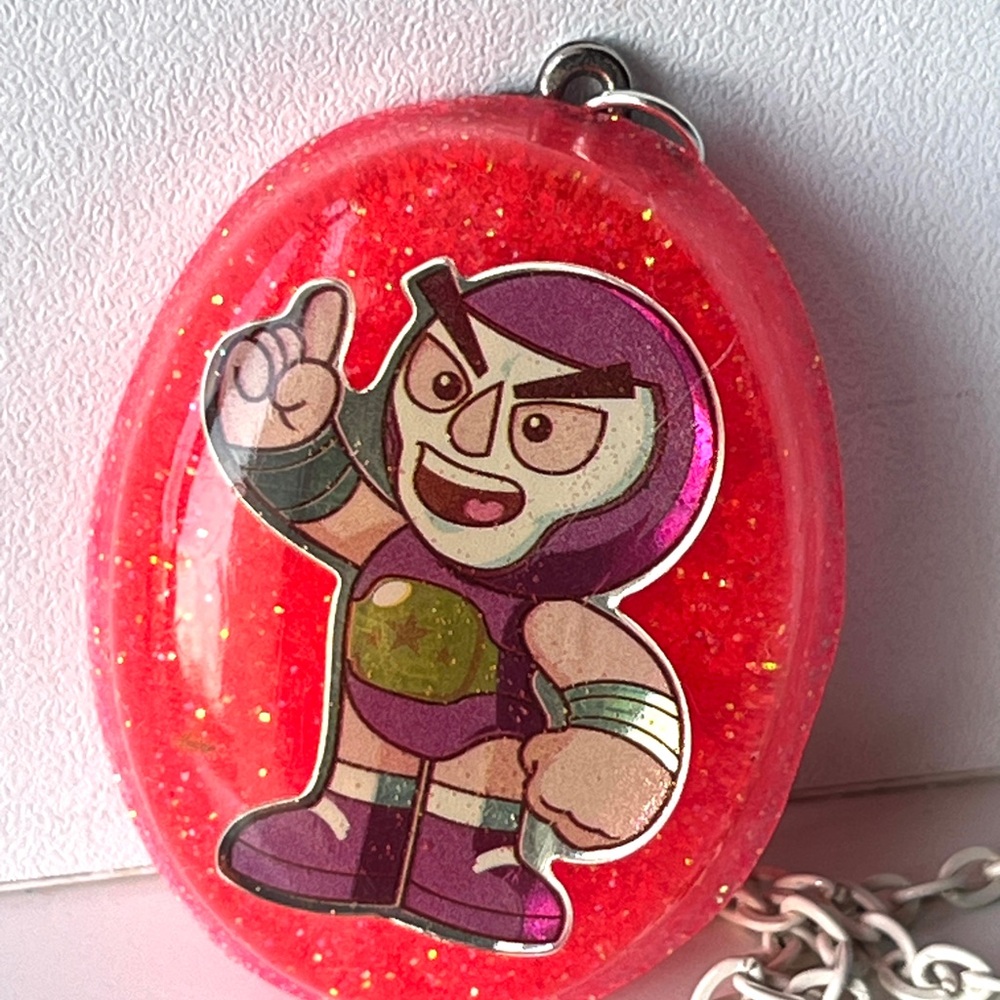 Vibrant Mexican Wrestler Red Glitter Resin necklace